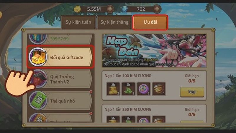 Chọn mục Ưu đãi để nhập giftcode trong game Huyền Thoại Hải Tặc