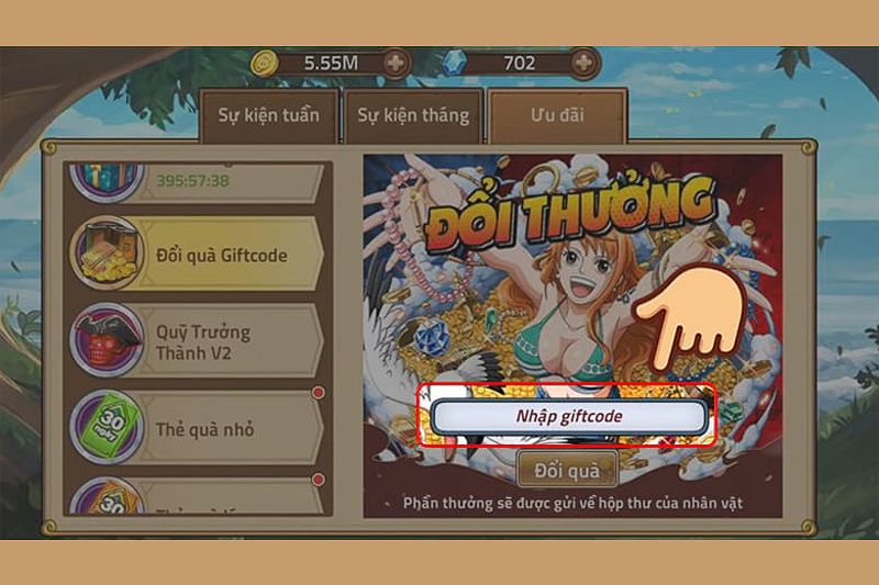 Giao diện nhập mã giftcode trong game Huyền Thoại Hải Tặc.